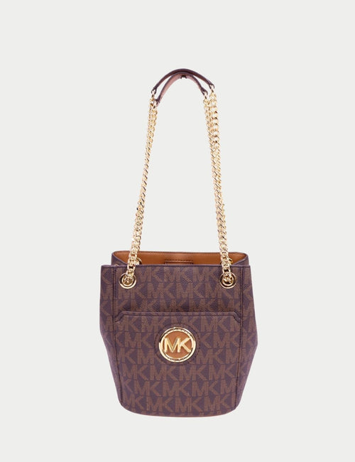 Michael Kors brown monogram logo tote bag with gold-tone chain shoulder straps and front MK logo plaque