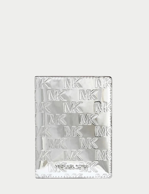 Michael Kors chrome metallic wallet with embossed MK logo in silver finish

