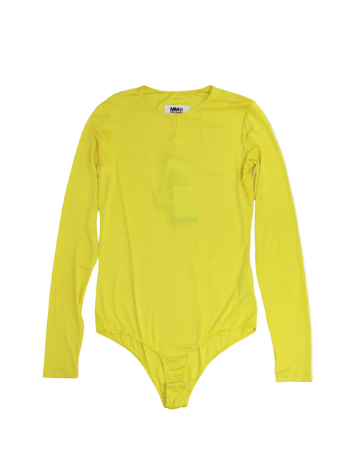 MM6 Maison Margiela neon yellow long-sleeve bodysuit with round neckline and snap closure