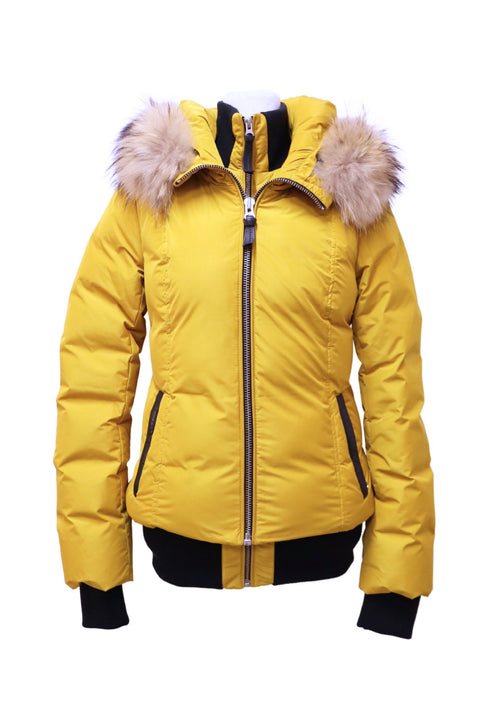 Mackage mustard yellow down puffer jacket with fur-trim hood