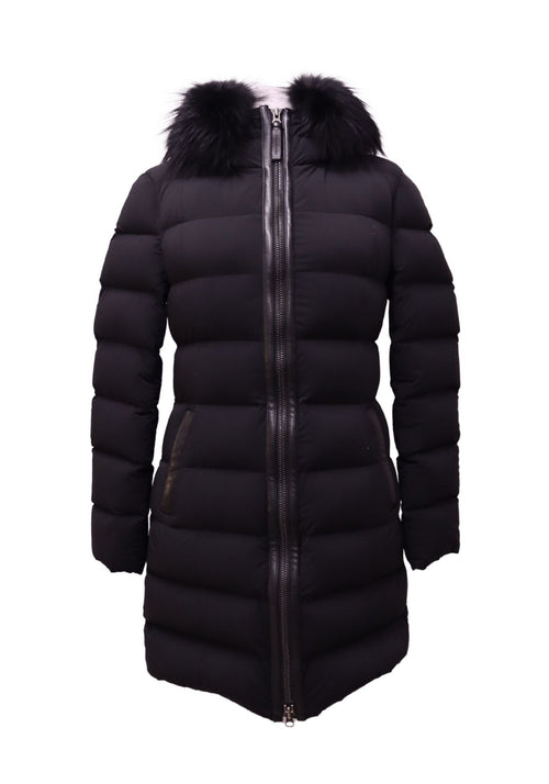 Mackage black long down puffer coat with fur-trim hood