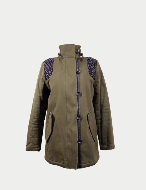 Army green padded coat by Maje featuring high stand collar, button-front closure, textured shoulder panels, and flap pockets