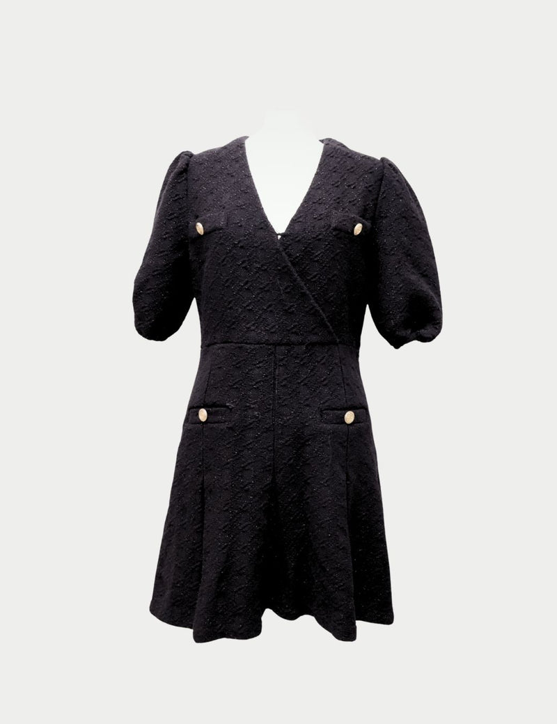 Maje black textured mini dress with puff sleeves