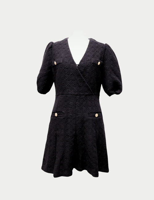 Maje black textured mini dress with puff sleeves