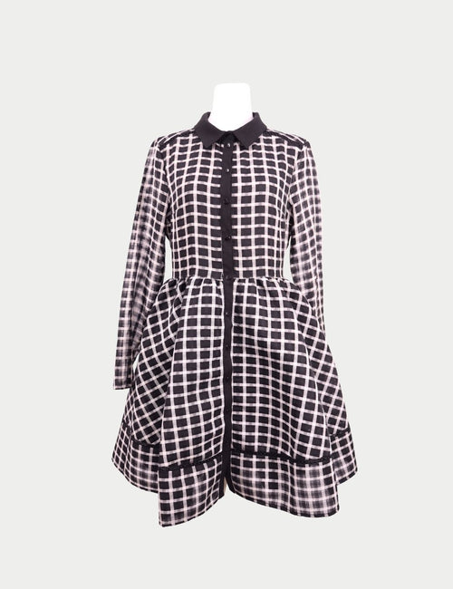Maje black and white check shirt dress with long sleeves, button front, and flared skirt 