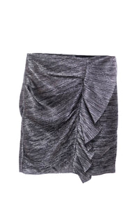 Maje metallic silver mini skirt featuring shimmering textured fabric, asymmetric draped front panel, fitted waistband and softly irregular hemline.