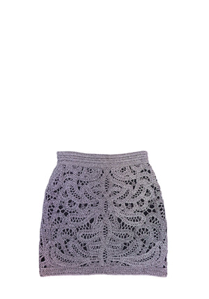 Maje silver metallic crochet mini skirt with intricate openwork lace pattern and high-waisted silhouette