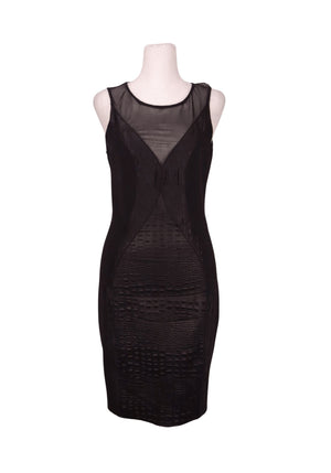 Maje black bodycon midi dress with sheer mesh panel neckline and textured fabric
