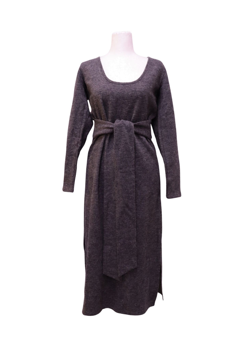 Maje grey long sleeve knit midi dress with self-tie waist belt