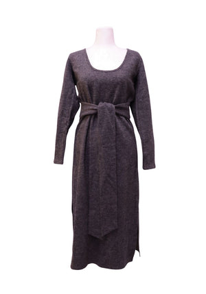 Maje grey long sleeve knit midi dress with self-tie waist belt