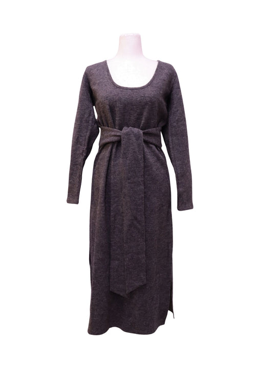 Maje grey long sleeve knit midi dress with self-tie waist belt