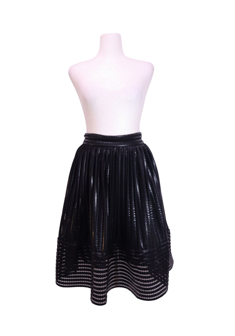 Authentic Maje black pleated faux leather midi skirt with a high-rise waistband, A-line silhouette, and semi-sheer striped hem.