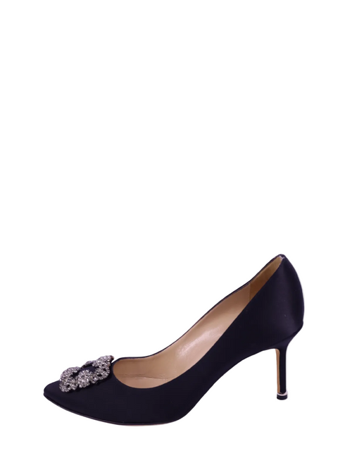 Manolo Blahnik Hangisi black satin pointed-toe pumps with crystal buckle and stiletto heel