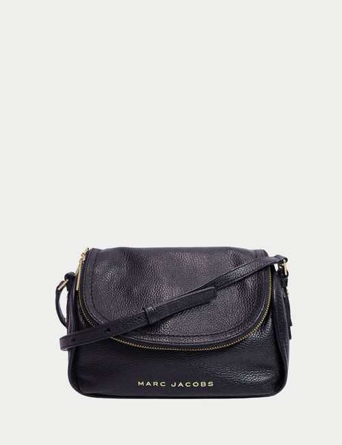 Marc Jacobs black pebbled leather crossbody bag with flap closure and gold logo