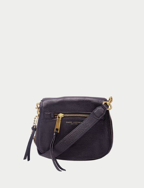 Marc Jacobs black pebbled leather shoulder bag with gold-tone hardware, front zip pocket, and adjustable strap