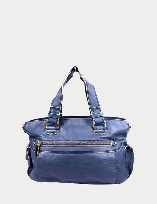 Marc Jacobs blue leather satchel bag with front zipper pocket and top handles