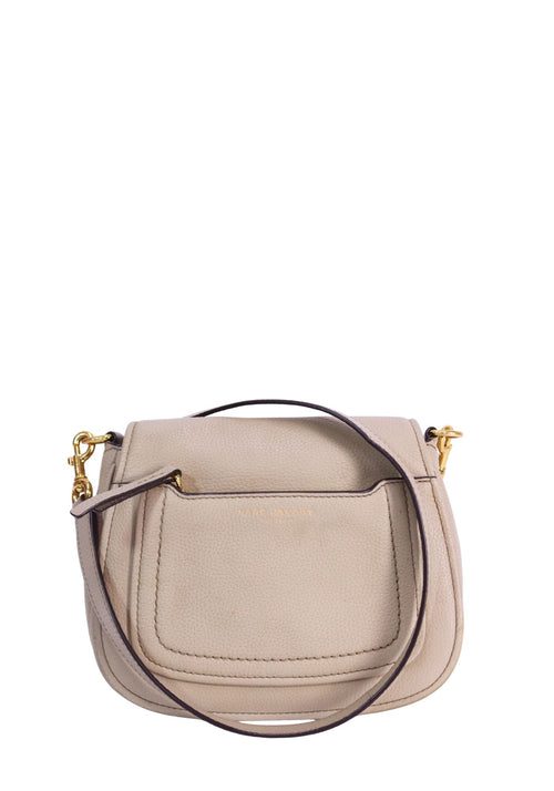 Marc Jacobs cream pebbled leather crossbody bag featuring a structured saddle silhouette, front slip pocket, gold-tone hardware