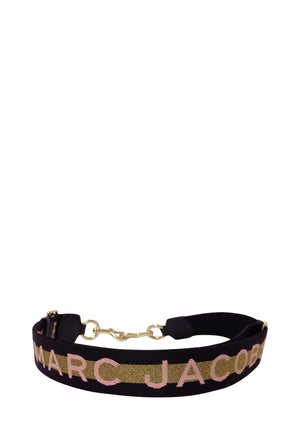 Marc Jacobs Outline Logo Webbing Strap in Rose Multi with pink and gold lettering on black webbing