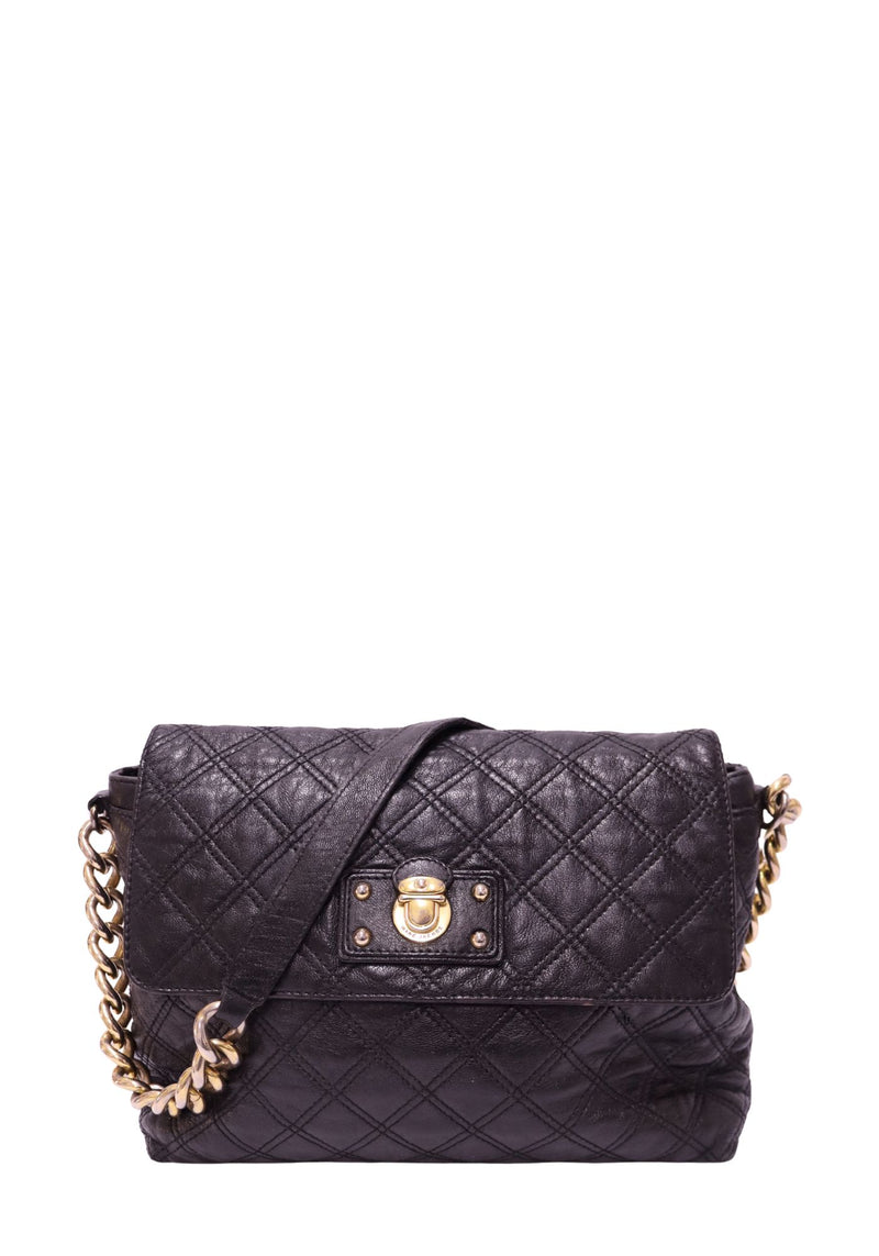 Marc Jacobs black diamond quilted leather shoulder bag with gold-tone chain strap and push-lock closure