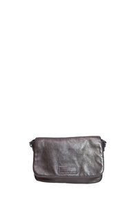 Marc by Marc Jacobs metallic pewter leather crossbody bag with flap closure, adjustable shoulder strap, and signature logo plaque.