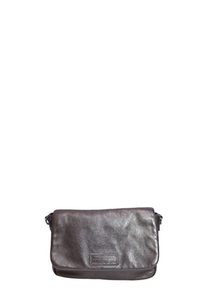 Marc by Marc Jacobs metallic pewter leather crossbody bag with flap closure, adjustable shoulder strap, and signature logo plaque.