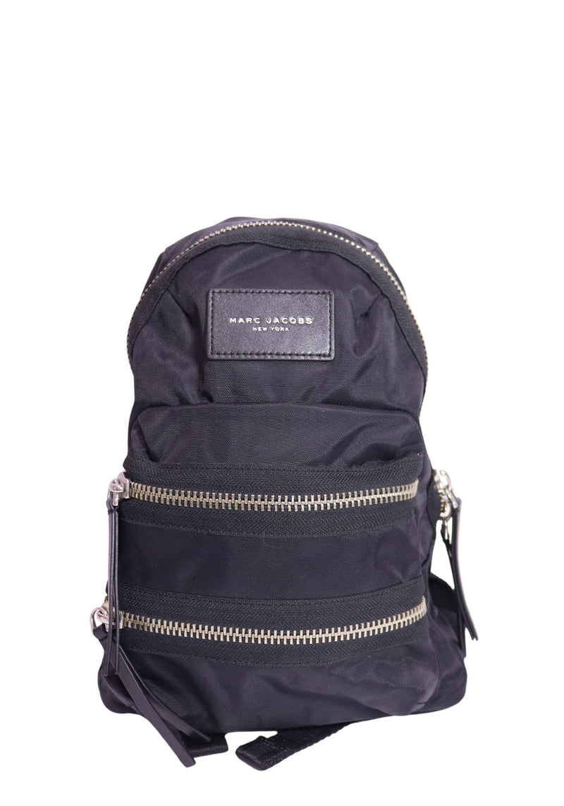 Authentic Marc Jacobs Biker Mini black nylon backpack with multiple zip compartments, silver-tone hardware, adjustable shoulder straps, and logo patch.