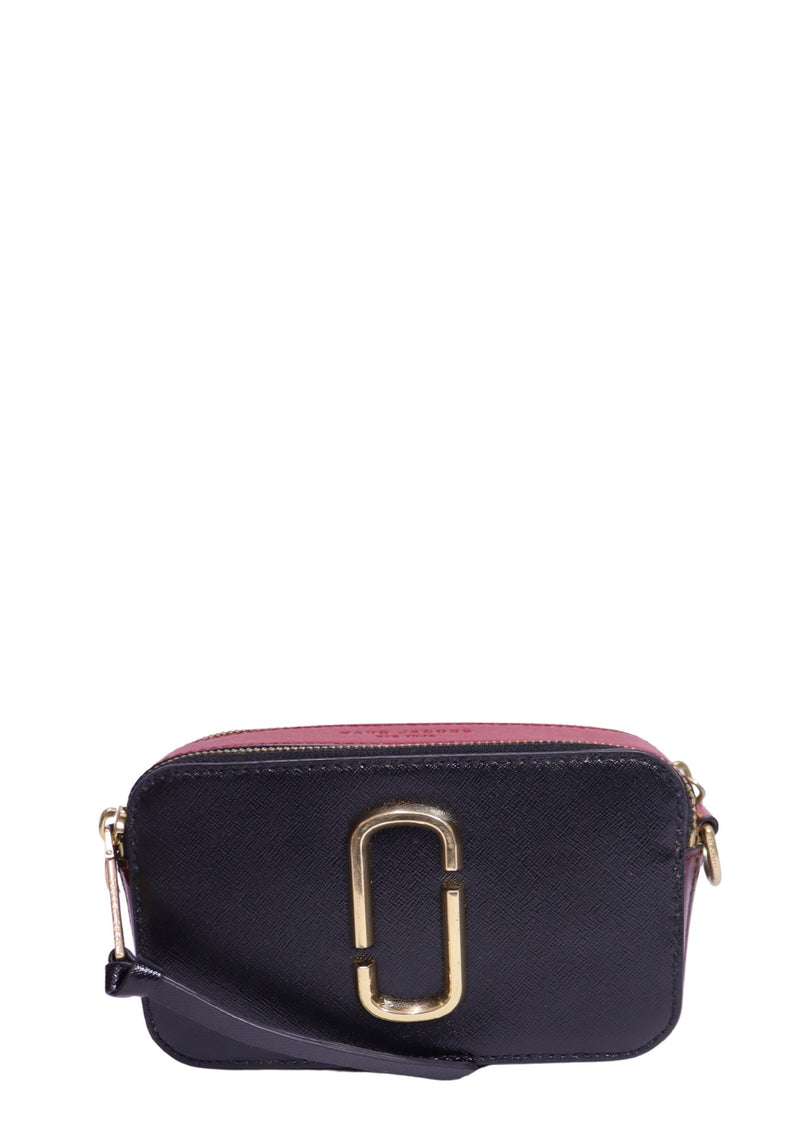Authentic Marc Jacobs The Snapshot black and red Saffiano leather crossbody bag with gold-tone Double J logo hardware and dual zip compartments.