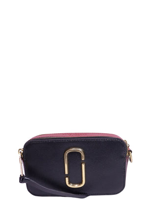 Authentic Marc Jacobs The Snapshot black and red Saffiano leather crossbody bag with gold-tone Double J logo hardware and dual zip compartments.
