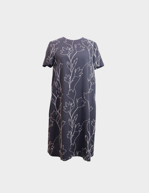 Max Mara navy shift dress with white floral embroidery, short sleeves, and knee-length relaxed silhouette.


