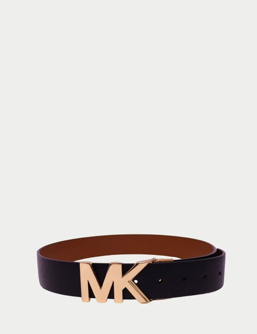 Michael Kors black leather belt with gold MK logo buckle