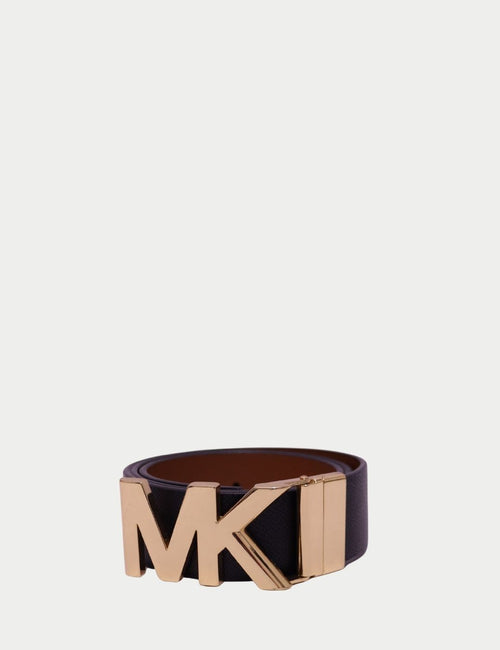 Michael Kors black leather belt with gold MK logo buckle