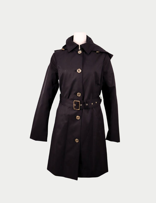 Michael Kors black belted trench-style coat with button front, structured collar, and long sleeves