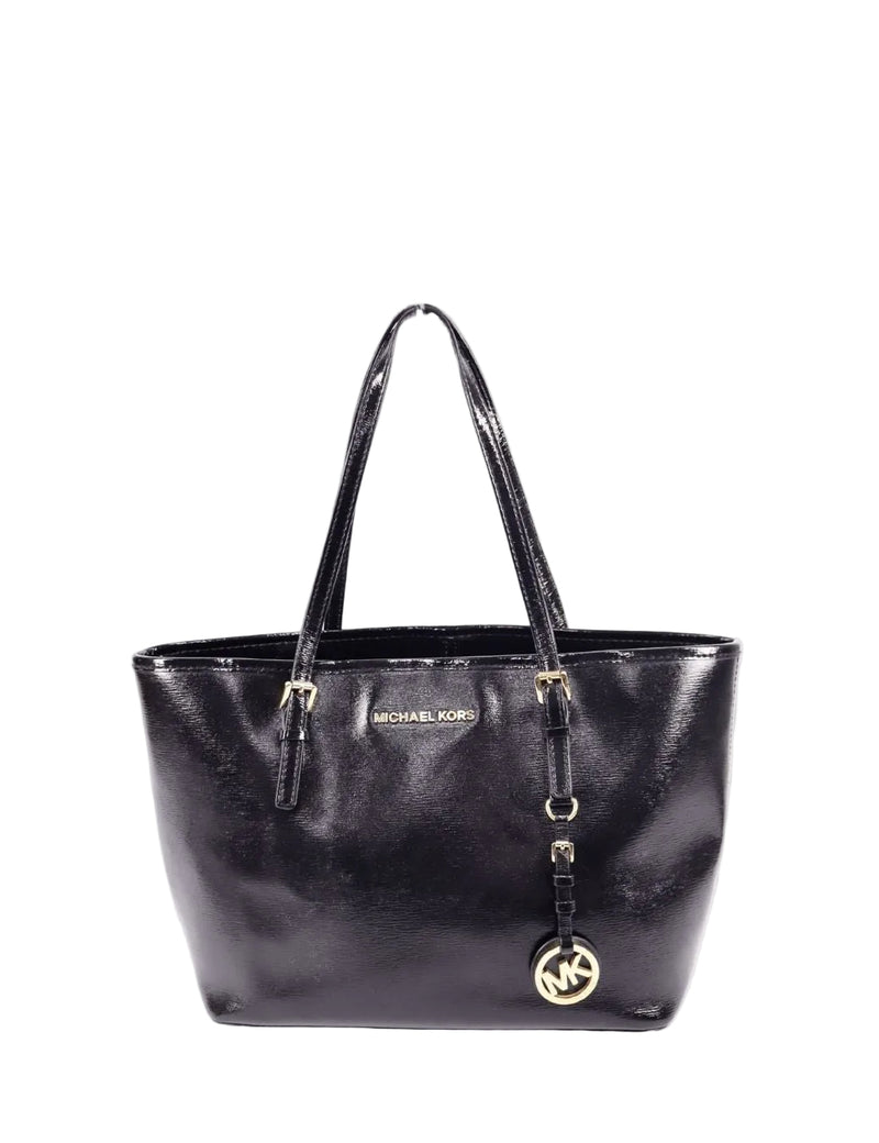 Michael Kors black patent leather tote bag with gold logo charm and shoulder straps