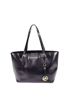 Michael Kors black patent leather tote bag with gold logo charm and shoulder straps