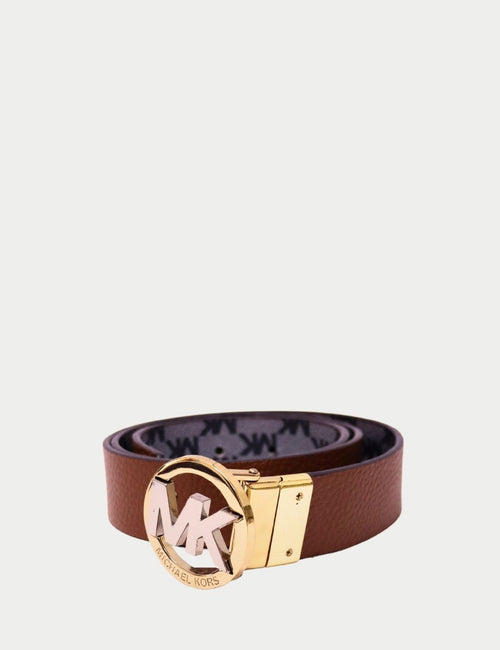 Michael Kors brown reversible leather belt with gold circular MK logo buckle