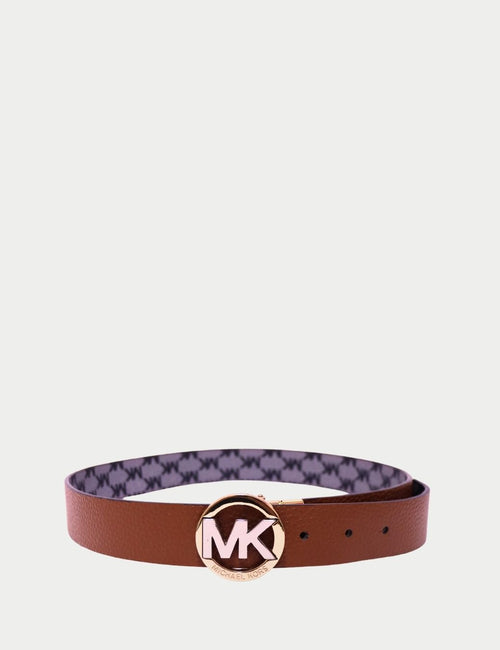 Michael Kors brown reversible leather belt with gold circular MK logo buckle