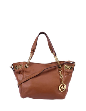 Michael Kors brown pebbled leather shoulder bag with gold chain straps and MK logo charm