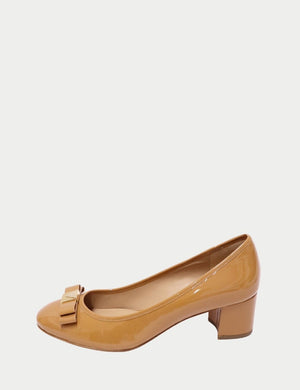 Michael Kors caramel patent leather pumps with bow detail and block heel