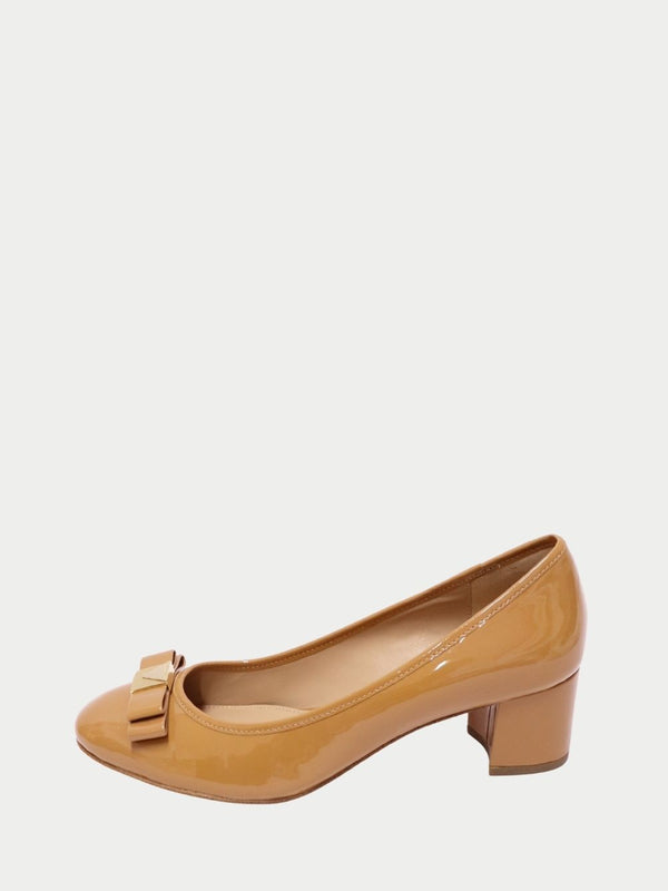 Michael Kors caramel patent leather pumps with bow detail and block heel
