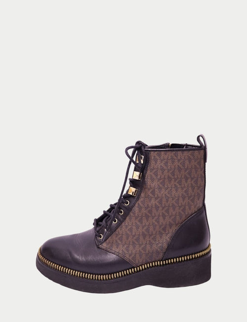 Michael Kors black leather and MK monogram canvas combat boot with gold hardware and chunky sole
