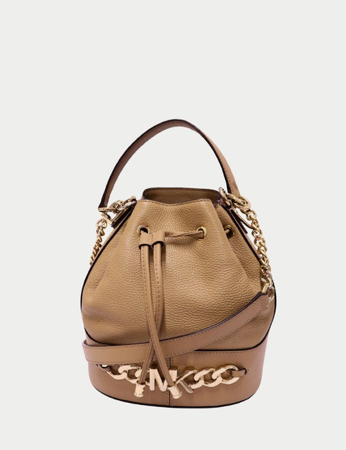 Michael Kors camel pebbled leather bucket bag with gold chain logo detail and drawstring closure
