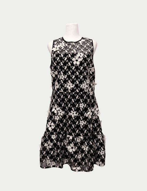 Michael Kors black and white floral lace sleeveless midi dress with appliqué details