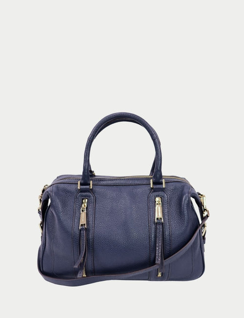 Navy blue leather satchel handbag by Michael Kors featuring dual top handles, detachable shoulder strap, front zip pockets, and gold-tone hardware