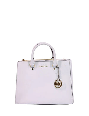 White leather structured handbag by Michael Kors featuring top handles, gold-tone hardware, and MK logo charm