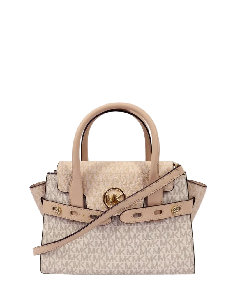 Michael Kors monogram Hamilton satchel in vanilla with leather trim