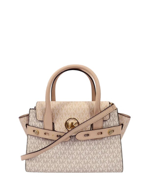 Michael Kors monogram Hamilton satchel in vanilla with leather trim