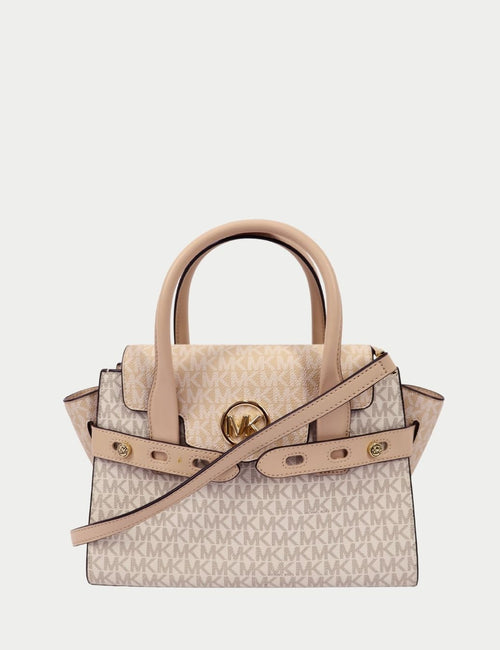 Michael Kors monogram Hamilton satchel in vanilla with leather trim