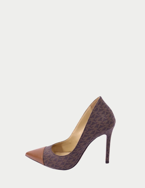 Michael Kors monogram pointed-toe pumps with brown leather cap
