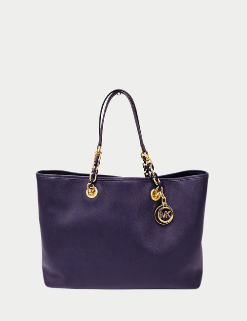 Michael Kors navy blue Saffiano leather tote bag with gold chain handles