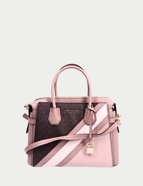 Michael Kors signature canvas and blush leather satchel bag with top handles and shoulder strap